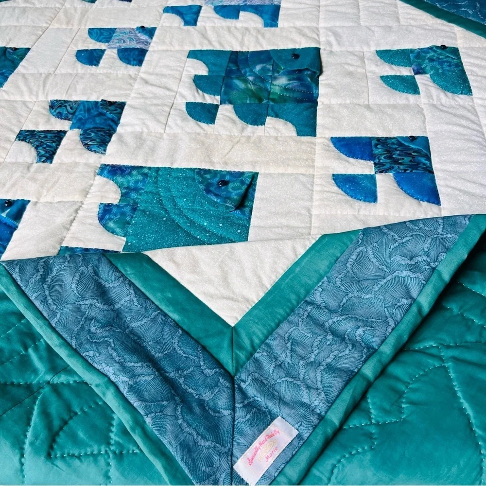 Handmade Ocean Fish Quilt 48” x 60” – Coastal Nautical Beach House Throw